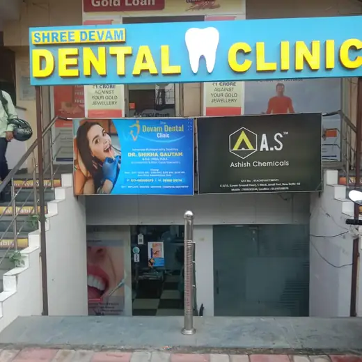 The clinic's blue and yellow storefront signboard reading Shree Devam Dental Clinic with a tooth logo, above the glass entrance at street level.